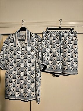 Casablanca Heart Monogram Silk Shirt and Shorts Set Green & White Large